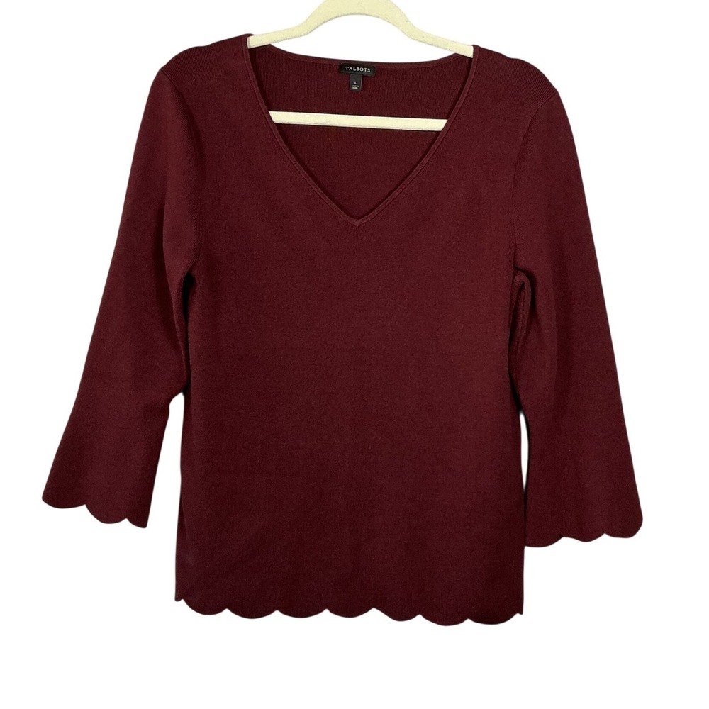 Talbots Burgundy V-Neck Scalloped Hem 3/4 Sleeve Knit Sweater Large
